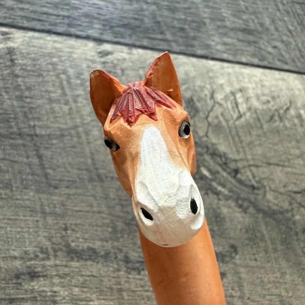 Wooden Horse Head Ballpoint Pen Hand Carved Equestrian Western Brown 6in‎ No Ink